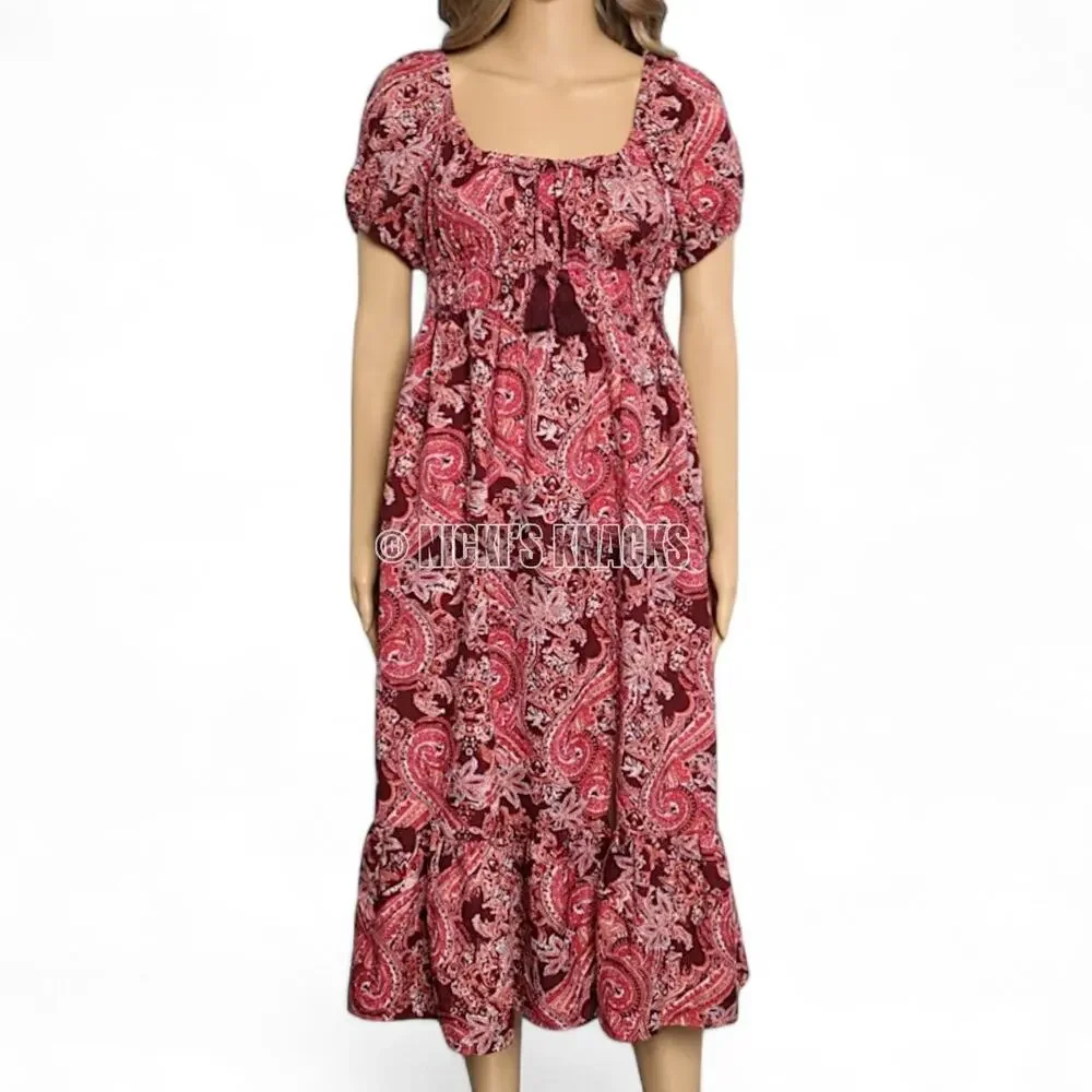 BOG Collective Midi Dress Cottagecore Burgundy Puff Sleeve Boho Prairie Size S - Picture 3 of 10